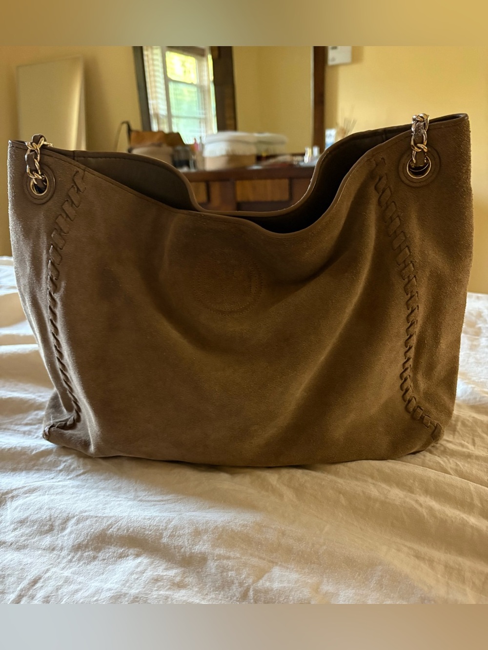 Tory Burch Marion light brown Suede Shoulder Bag with Chain-Link Straps